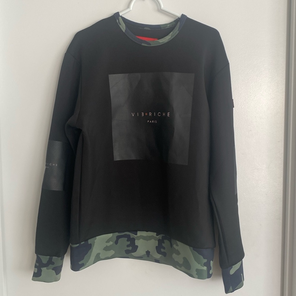 Vie+Riche Black Crewneck Sweater with Green Camo Trim